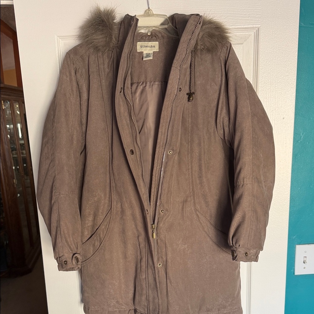 St. John's Bay Brown Suede Parka with Faux Fur Trim Hood